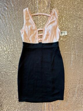 Charlotte Russe Pink and Black Plunge Strappy Bodycon Mini Dress